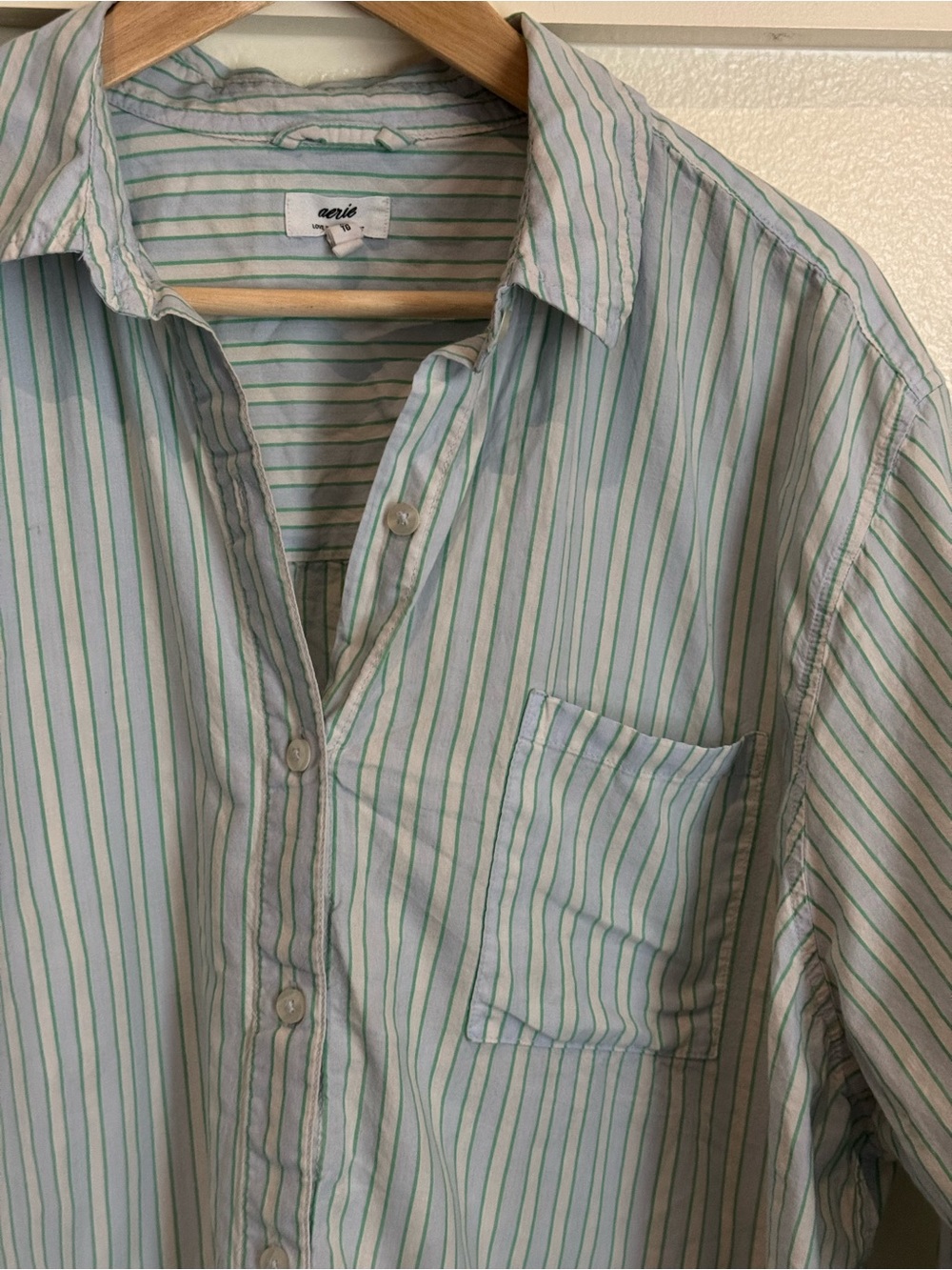 Aerie 100% Cotton Blue Green Striped Button Down Shirt XL Oversized Pocket Top - Picture 3 of 9